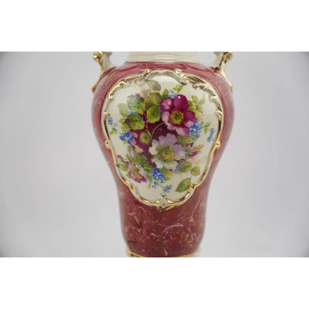 Vintage Early 1950's ‎ Handled Ceramic Shabby Chic Floral Lamp Red & White